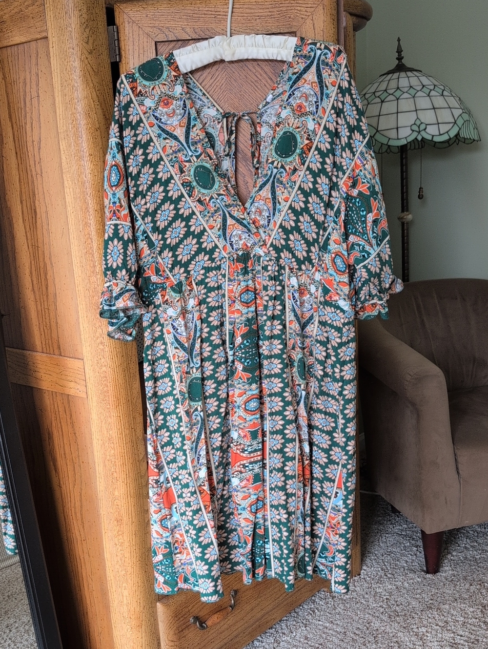 Boho Floral V-Neck Midi Dress in Green and Orange